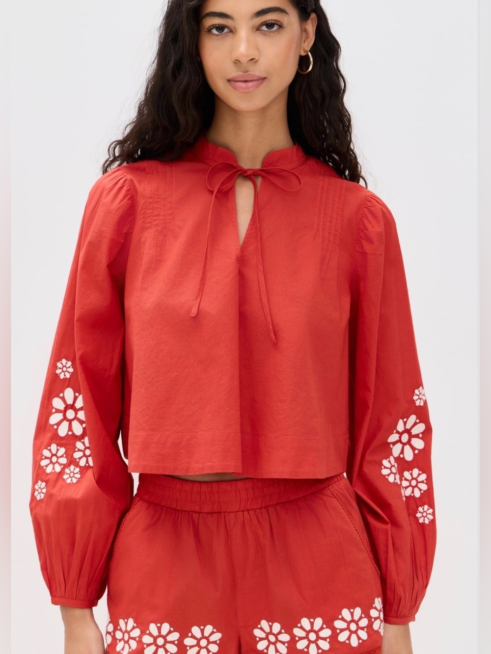 Ciao Lucia Salm Floral Embroidered Long Sleeve Crop Peasant Blouse Size